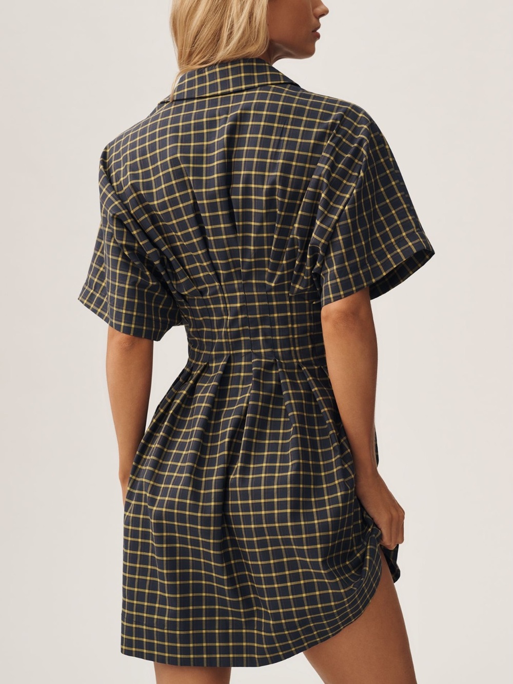 Exquise Tobie Pleated Mini Shirt Dress Collared Short Sleeve New Navy Blue Plaid